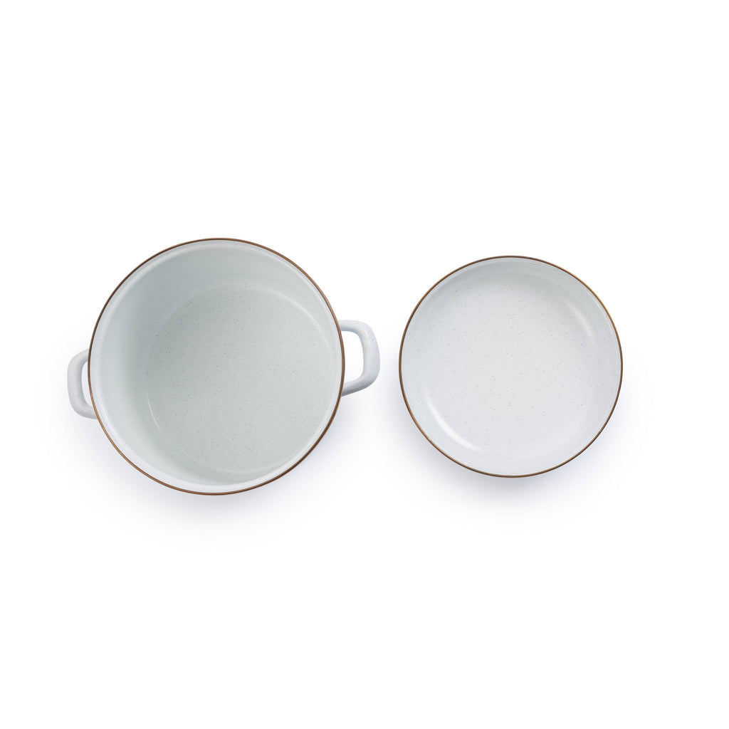 Enamel stock pot interior and exterior view, white enamel with handles