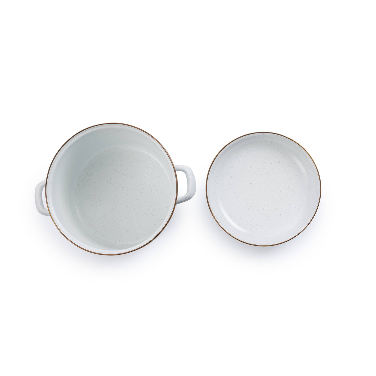 Enamel stock pot interior and exterior view, white enamel with handles