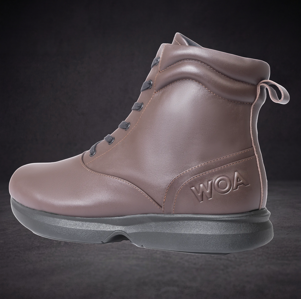 WOA taupe ankle boot with WOA logo patch, dark laces, and cushioned sole