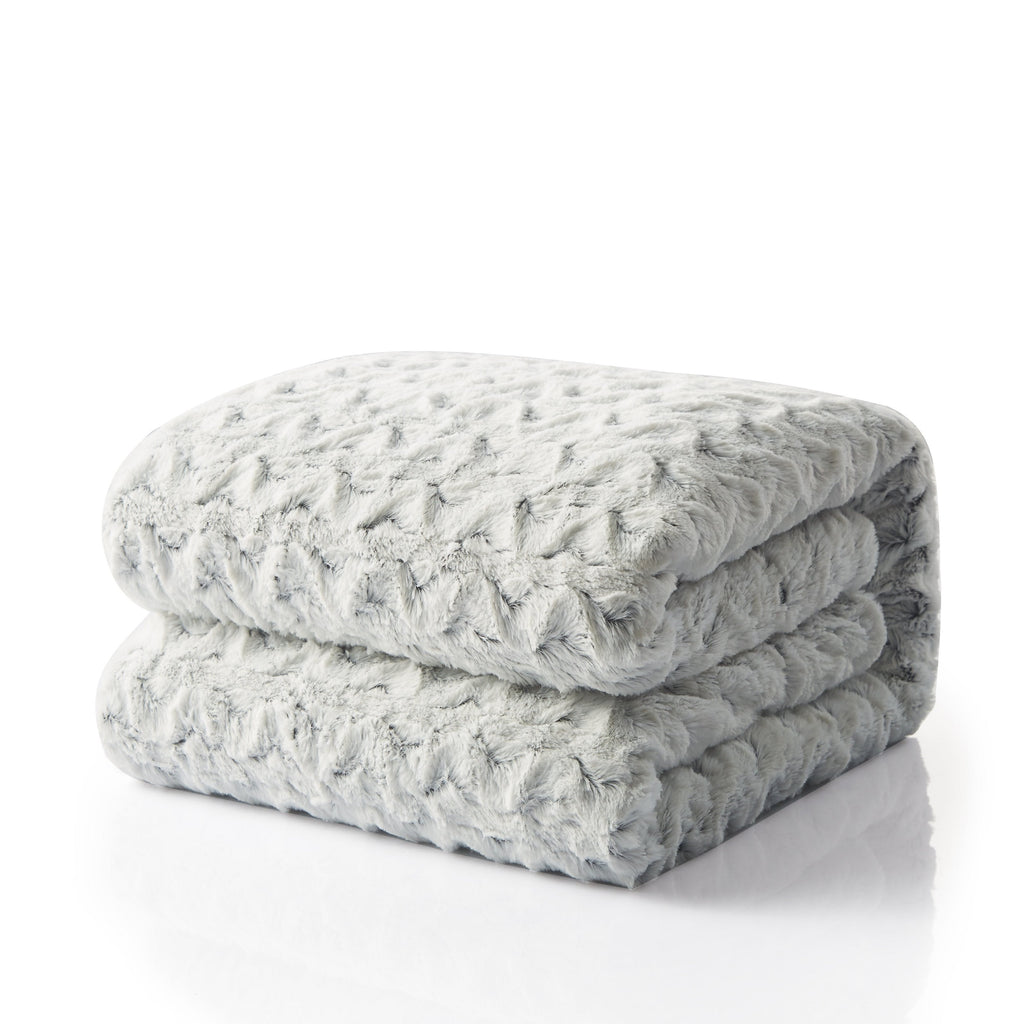 Light gray faux fur throw blanket, folded stack