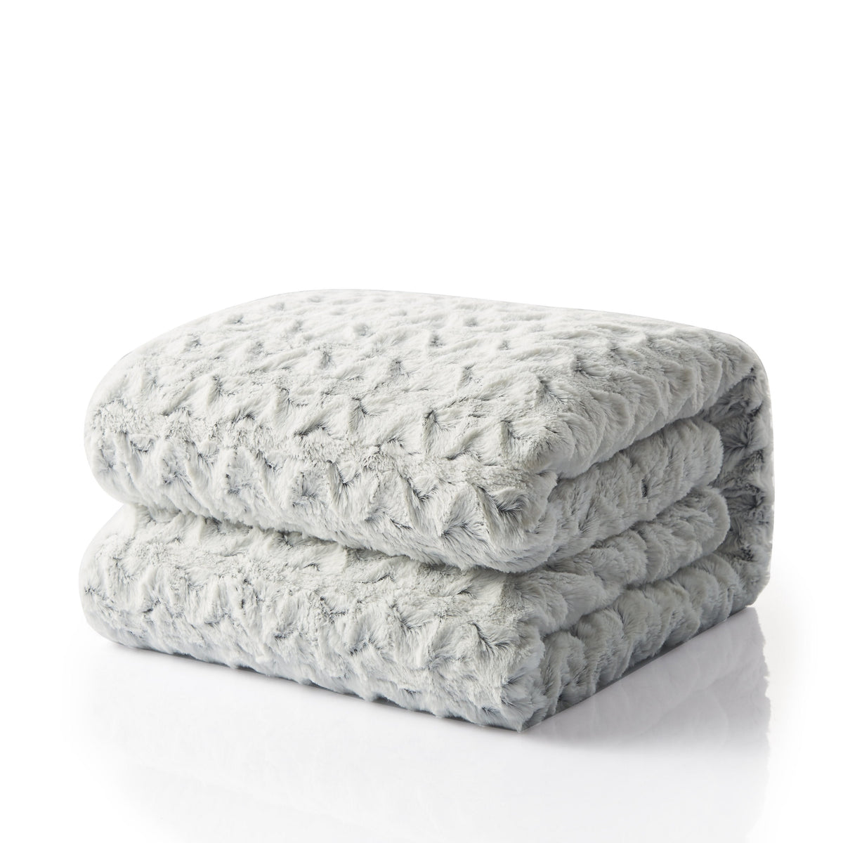Light gray faux fur throw blanket, folded stack