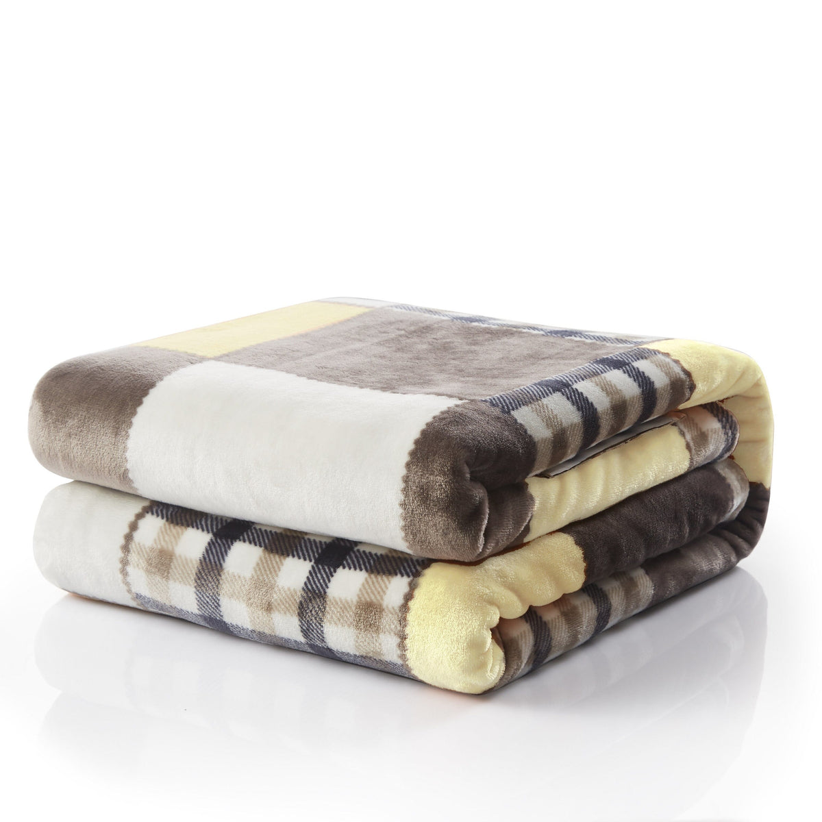 Folded plaid throw blanket stack with brown, cream, and light yellow panels