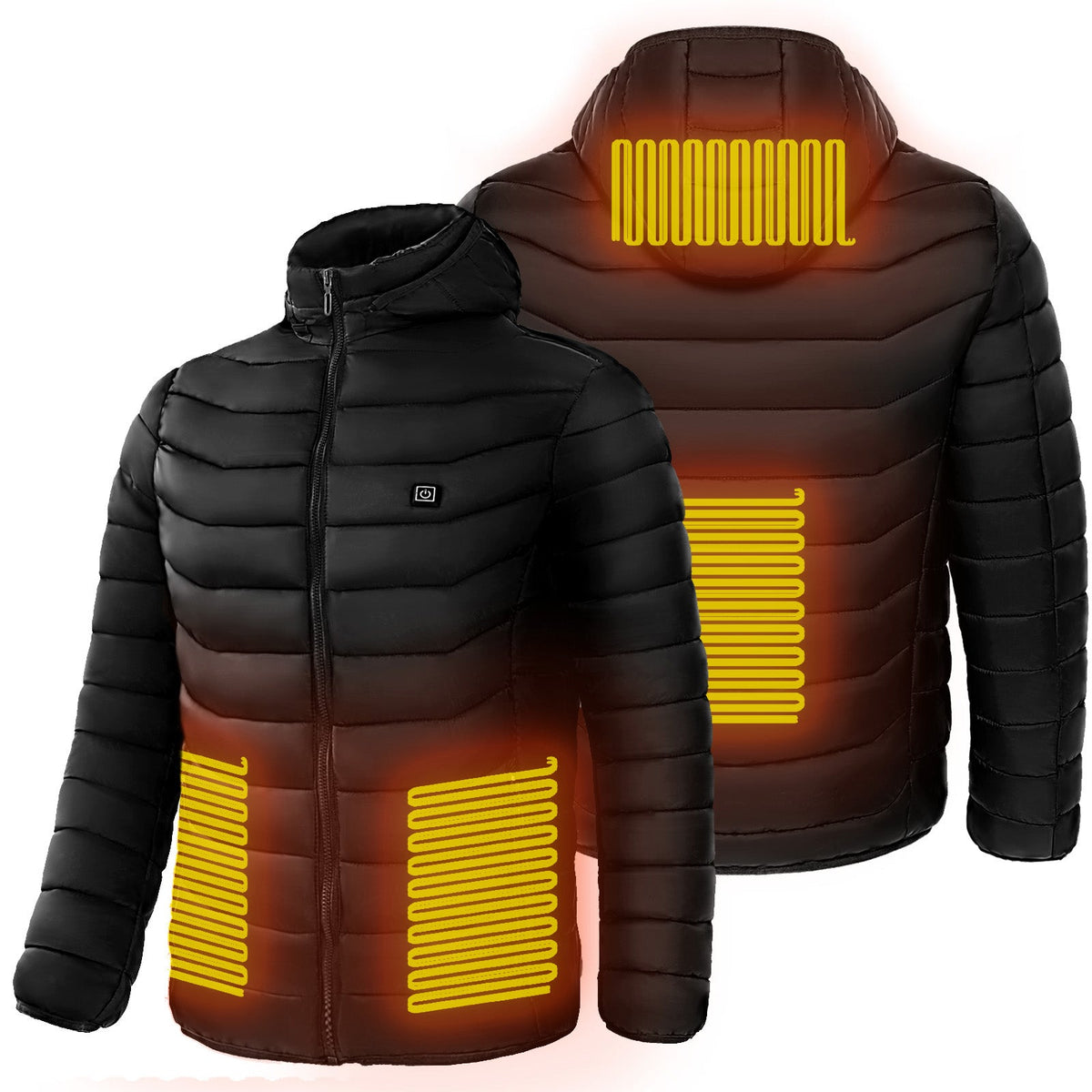 Men heated puffer jacket in black, front and back views with glowing heating zones