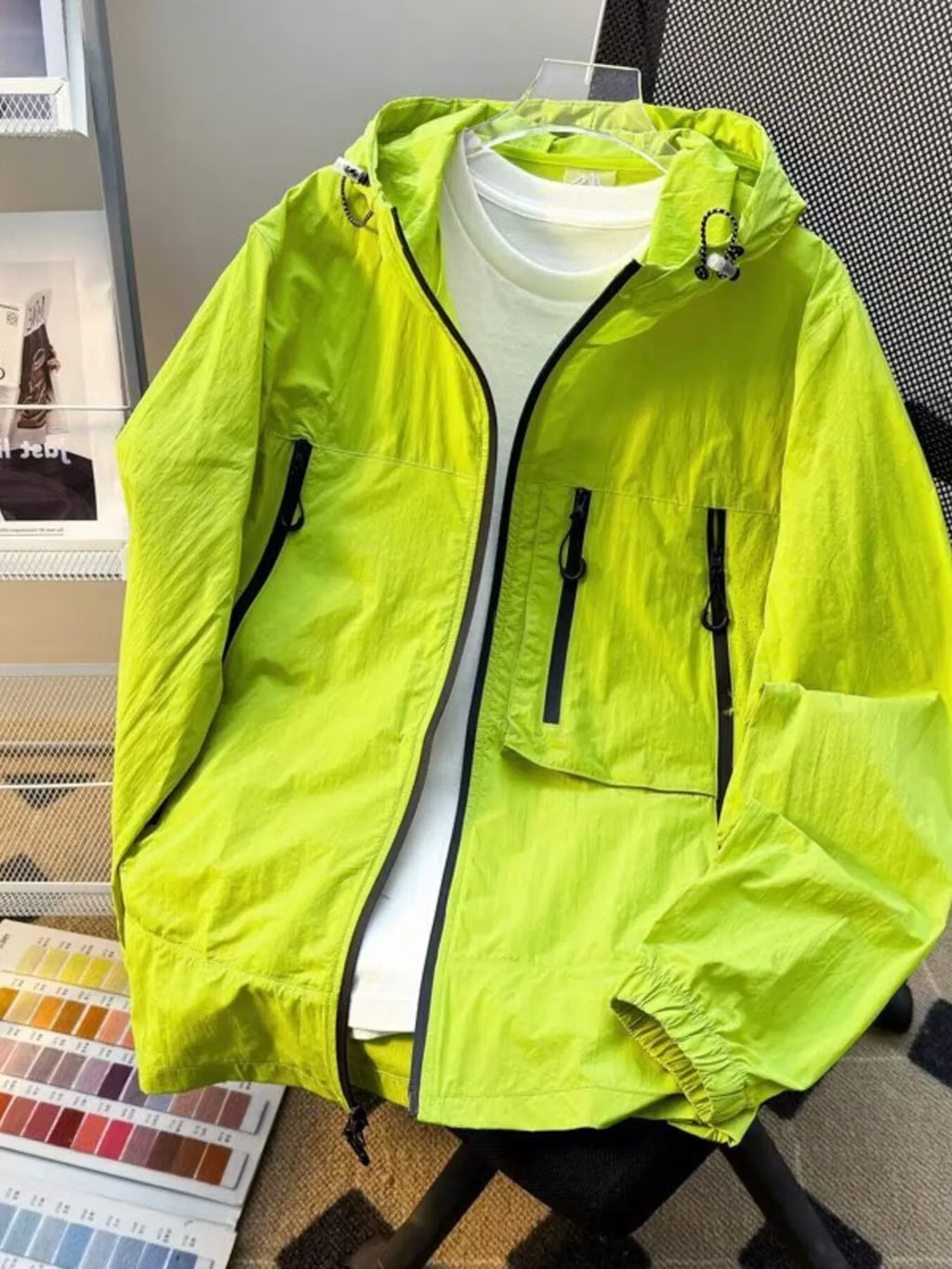 Men's plus size lightweight hooded windbreaker jacket, neon green with zip front