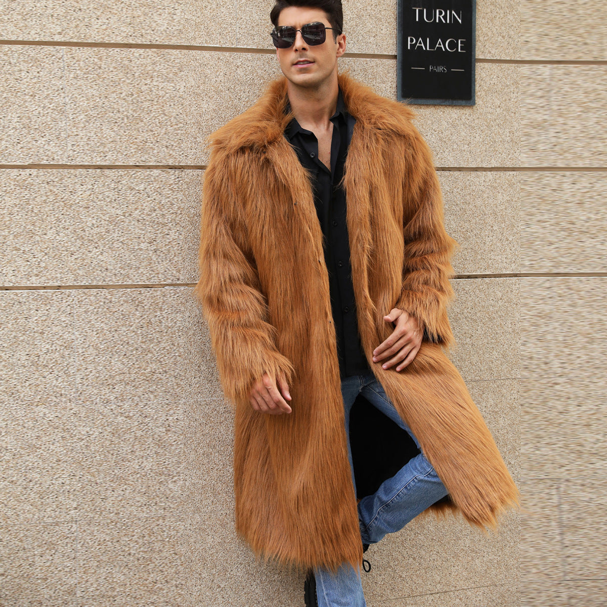Mens long faux fur coat, warm brown with open front and notched collar