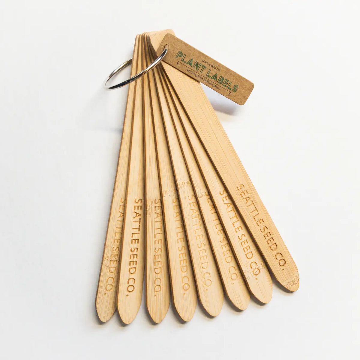 Bamboo plant identification labels set with wire ring and engraved text