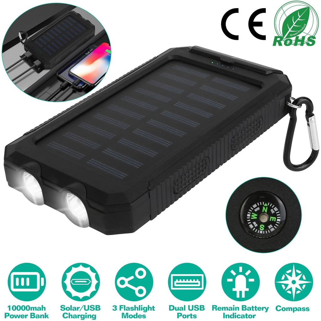 Black solar power bank with flashlight LEDs, solar panel top and compass dial