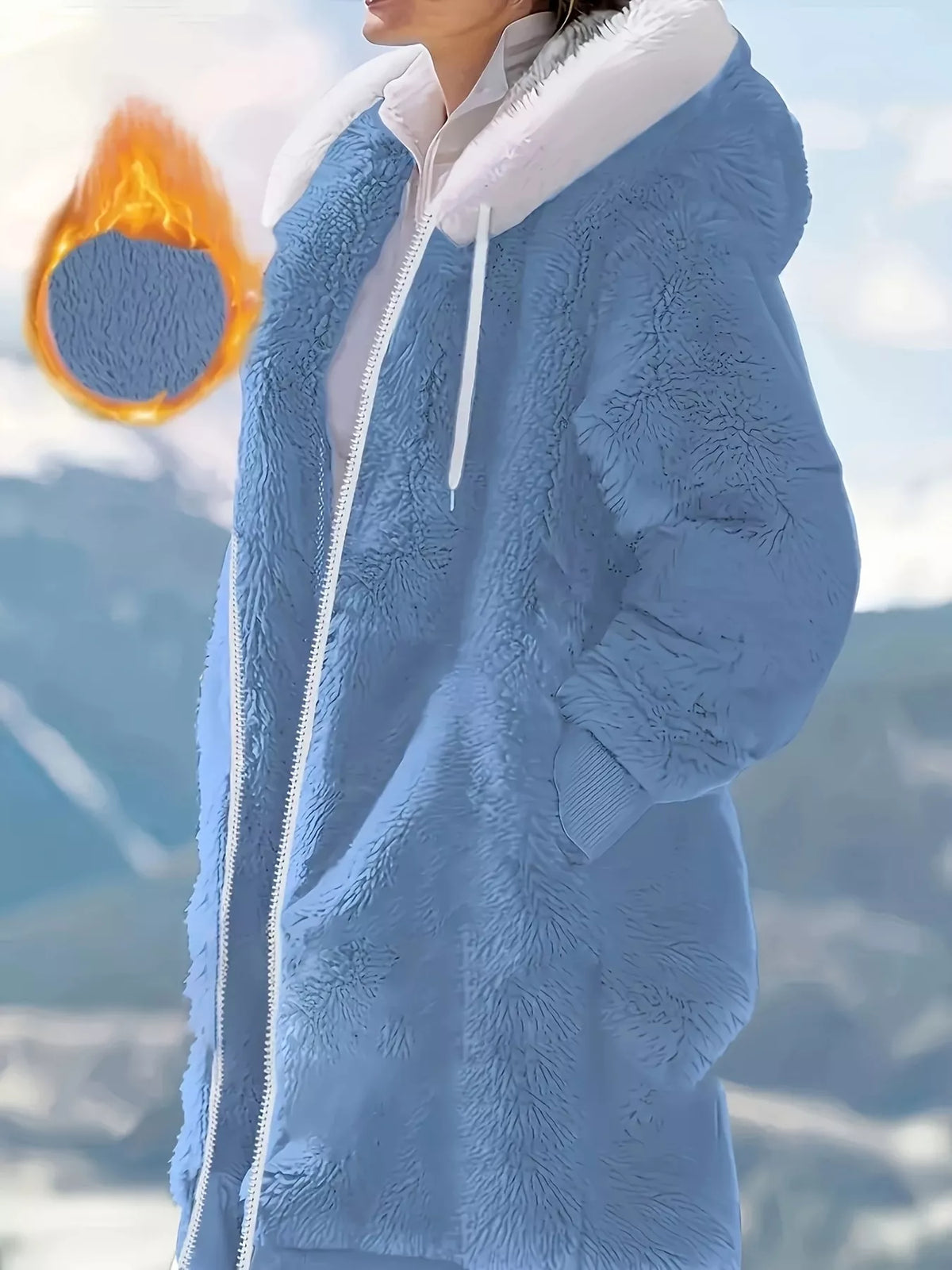 Blue plush fleece hooded zip jacket, hood lining visible, long sleeves