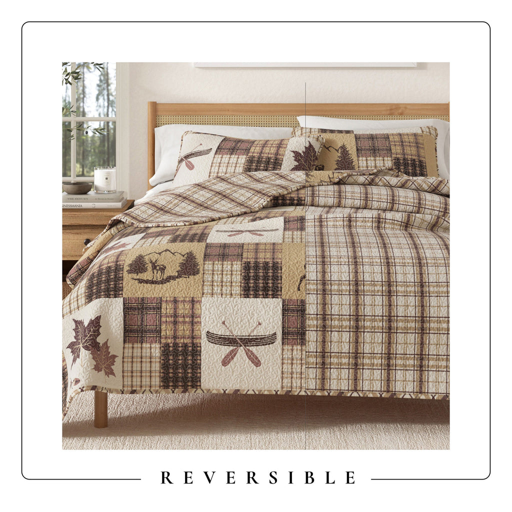 Patchwork quilt set photo showing plaid squares with deer and leaf prints
