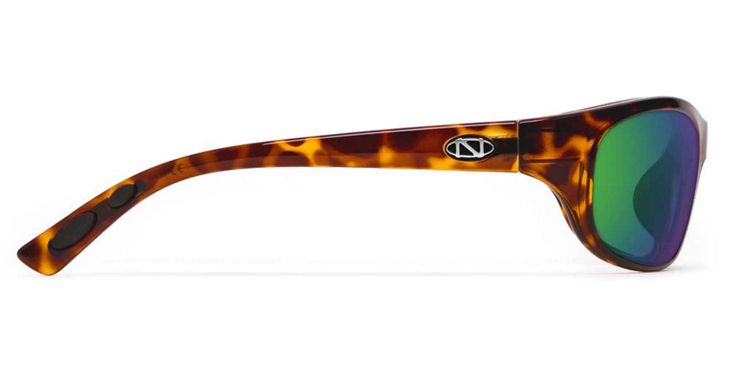 Tortoise sunglasses with green mirrored lens, side profile view