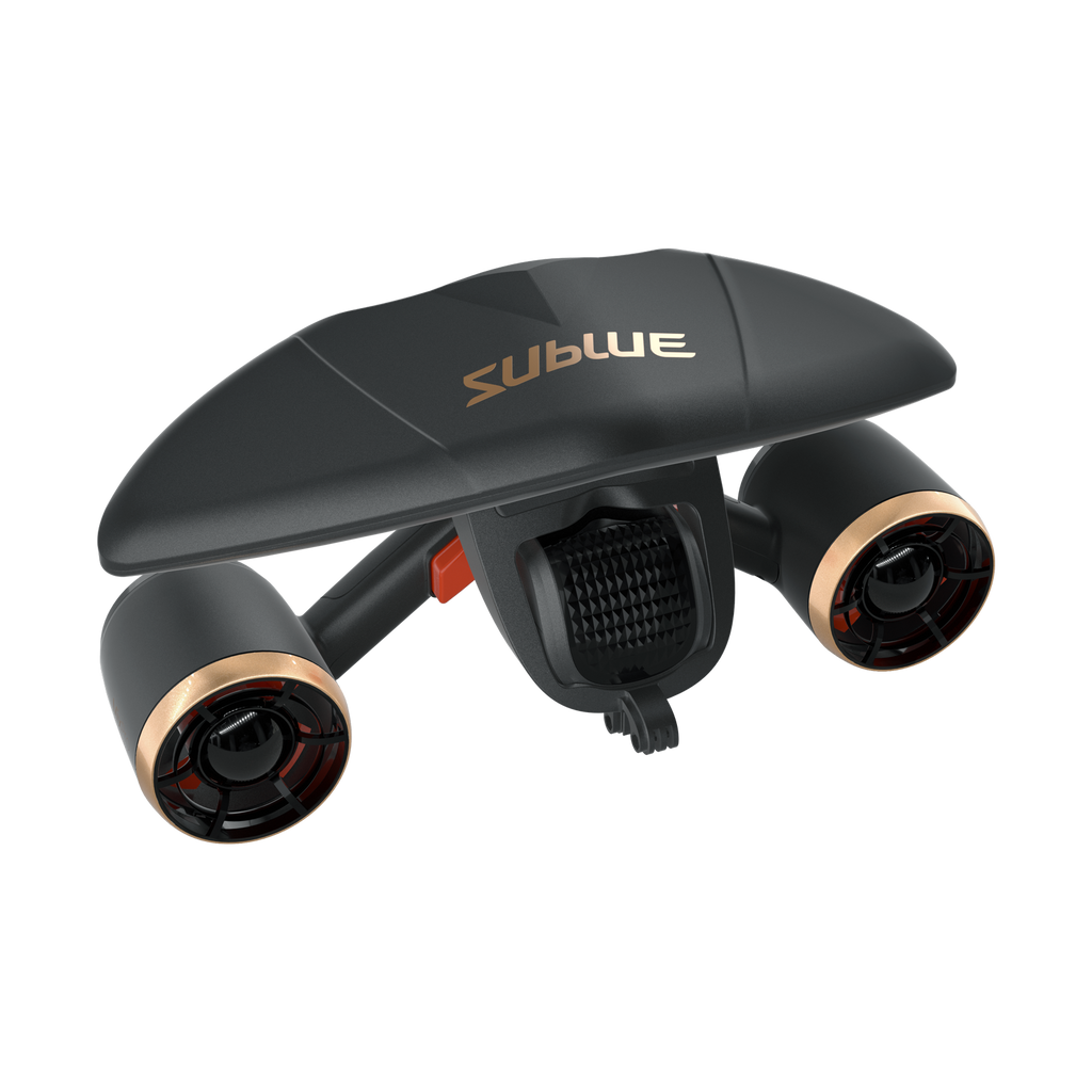 Black quadcopter drone angled view with front textured grille and side lens pods