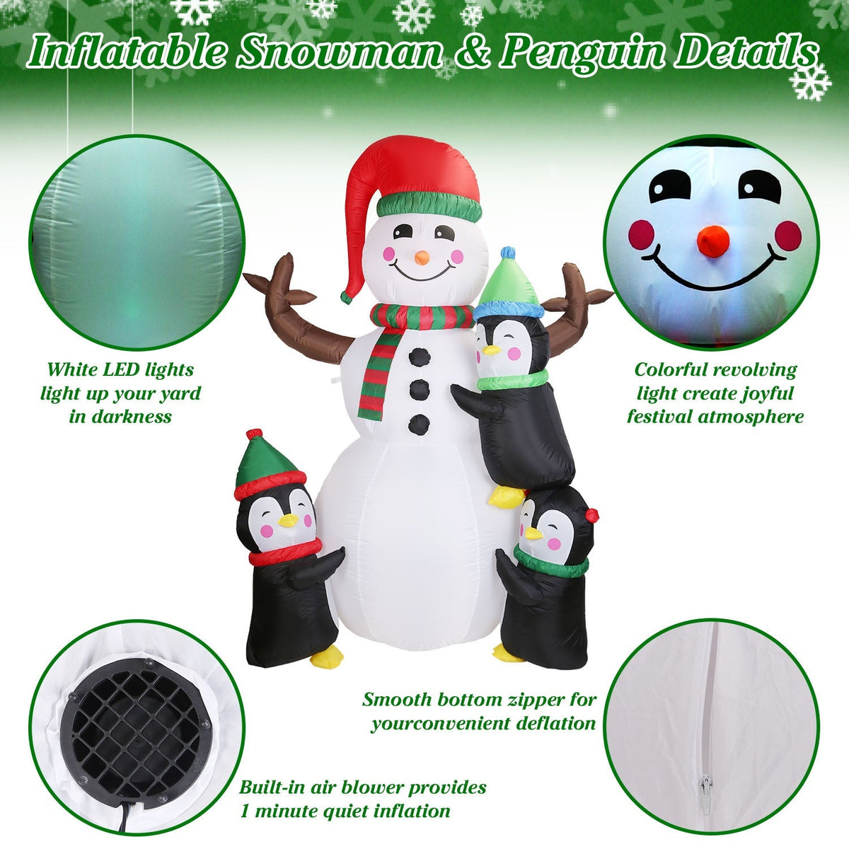 Inflatable snowman with penguins; built-in air blower, zipper base, LED lights