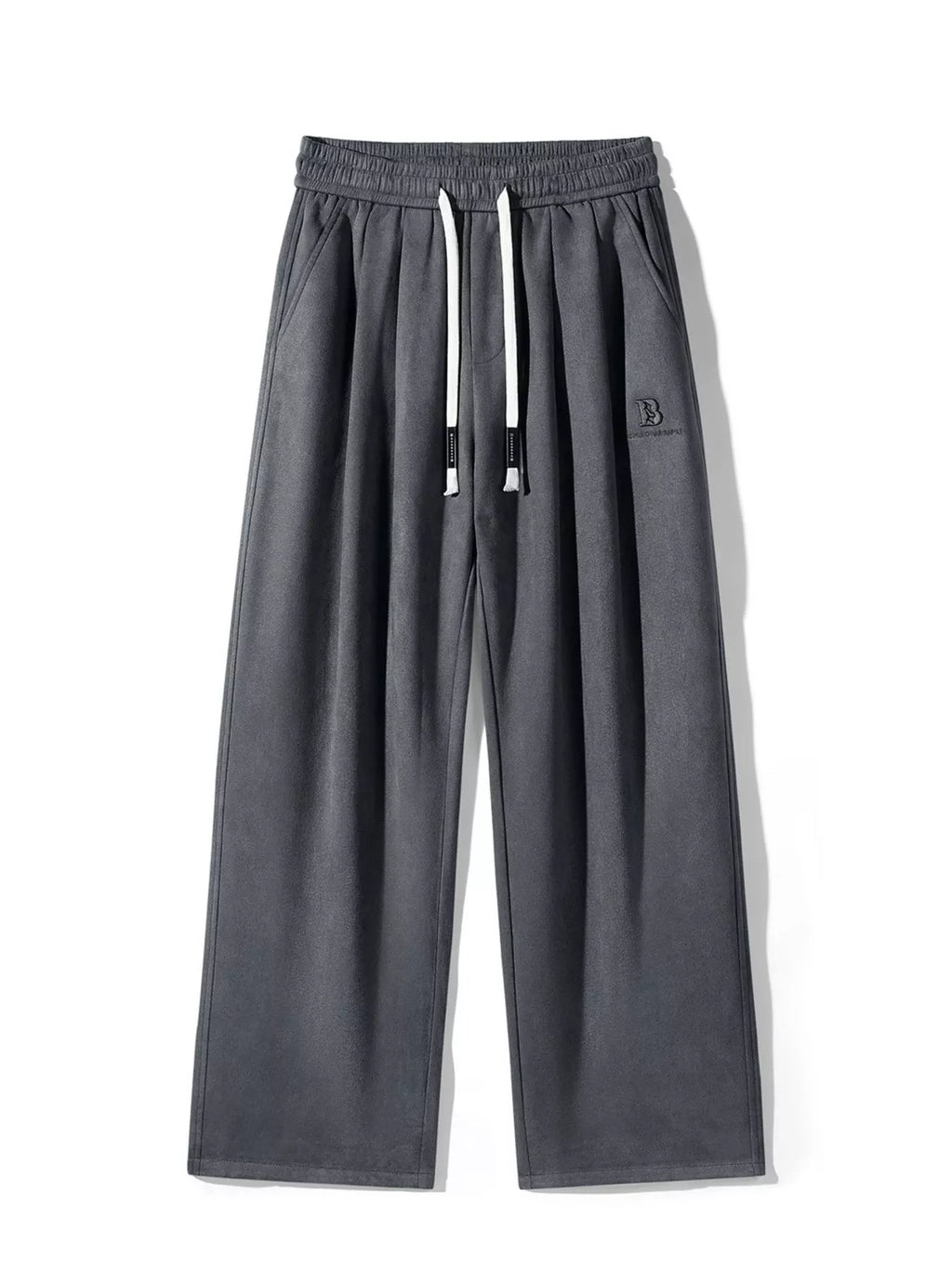 Men's gray drawstring wide-leg pants with elastic waist and front pleats