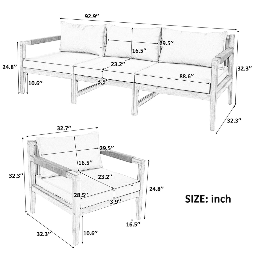 Outdoor sectional sofa set size diagram with inch measurements for cushions and frame