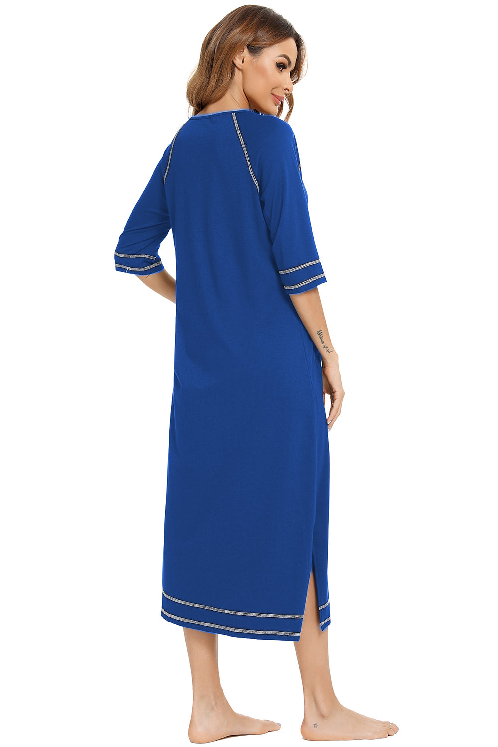 Peacock blue zip-up night dress, back view, round neck and side slit hem with contrast trim