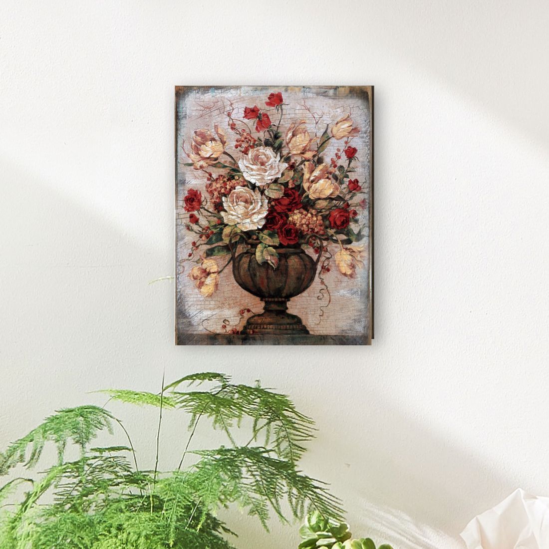 Small floral bouquet wooden wall art with vase and red rose-like flowers in frame