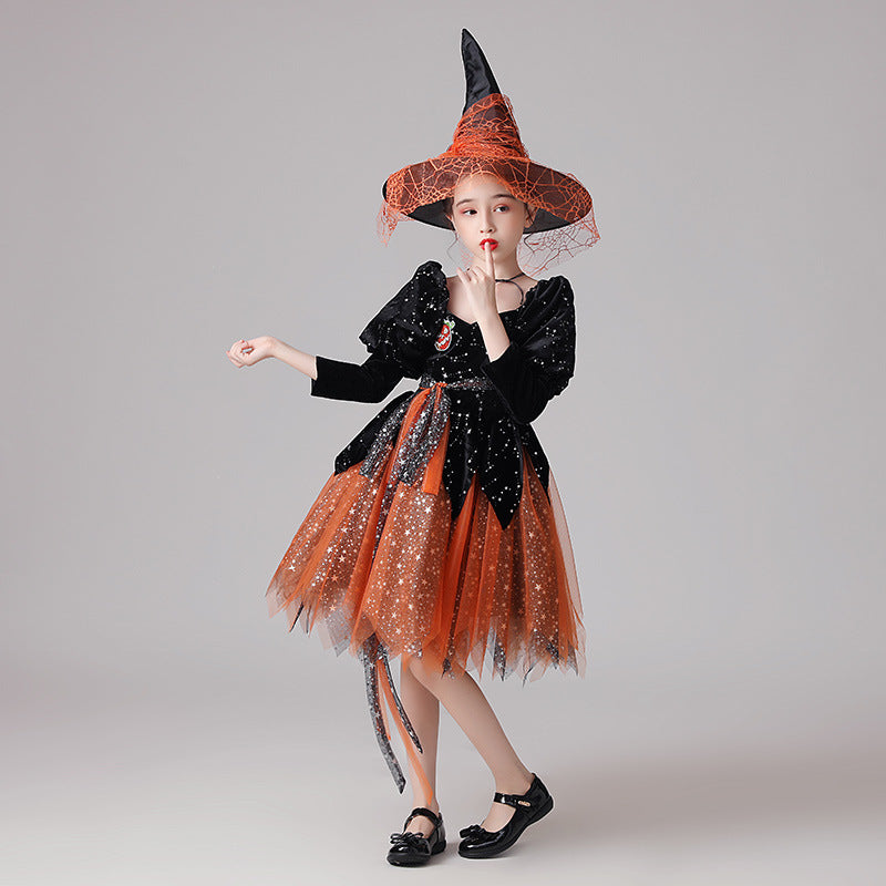 Children's witch ball costume: black sparkle bodice, orange tulle skirt, pointed hat