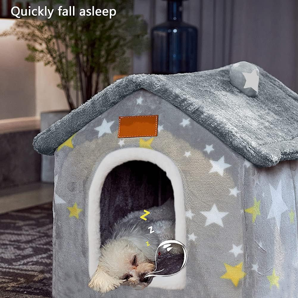 Gray indoor dog house bed with star pattern and white arched entrance, dog resting inside.