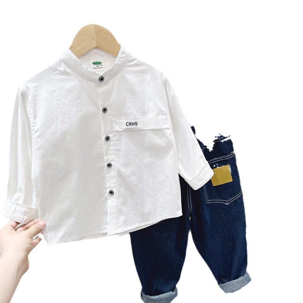Boys solid white long-sleeve button-up shirt, stand collar, chest pocket