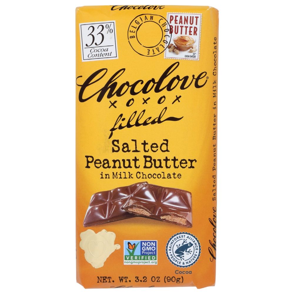 Salted peanut butter in milk chocolate bar, CHOCOLove wrapper front