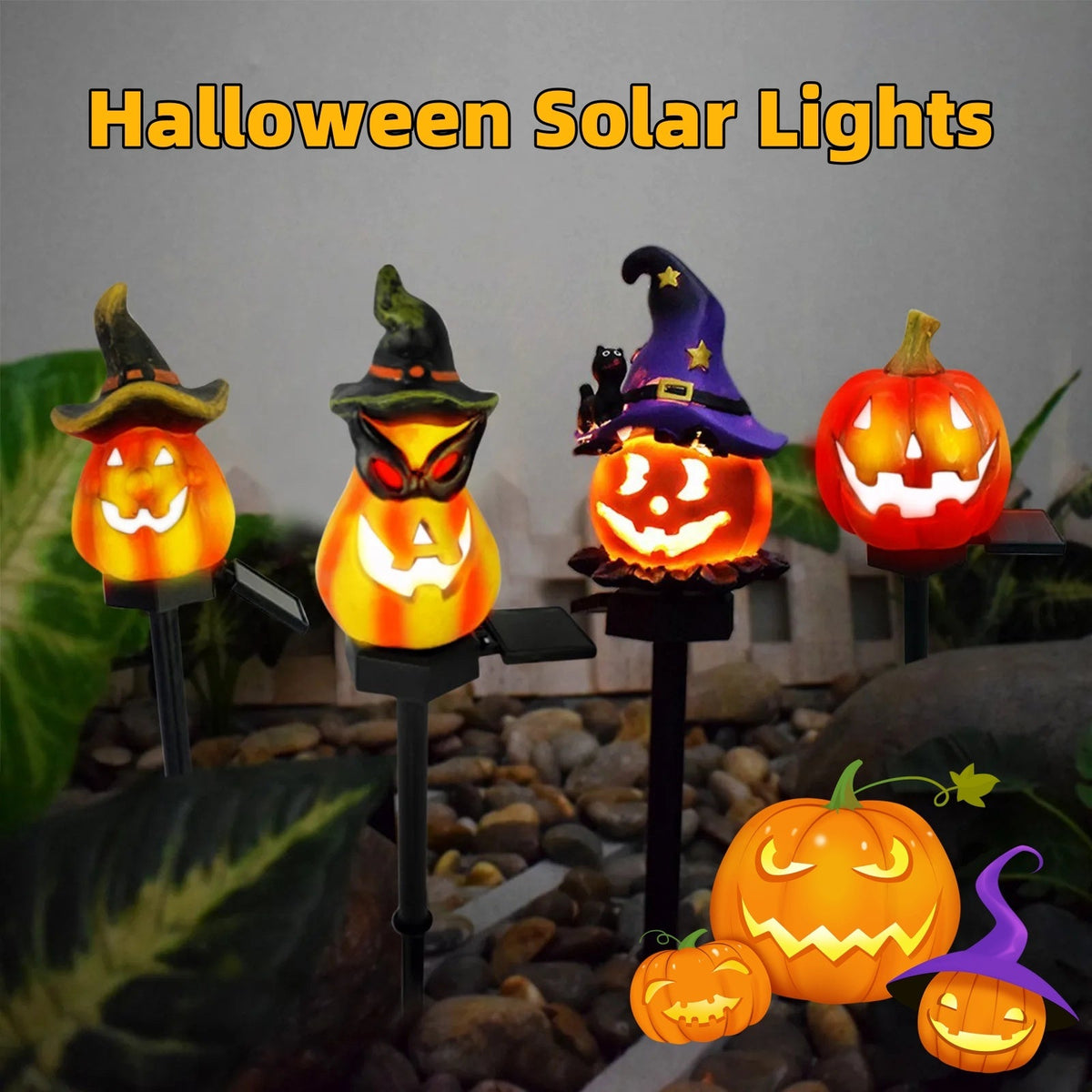 Solar Halloween pumpkin lantern stake light with witch hat and glowing jack-o’-lantern face
