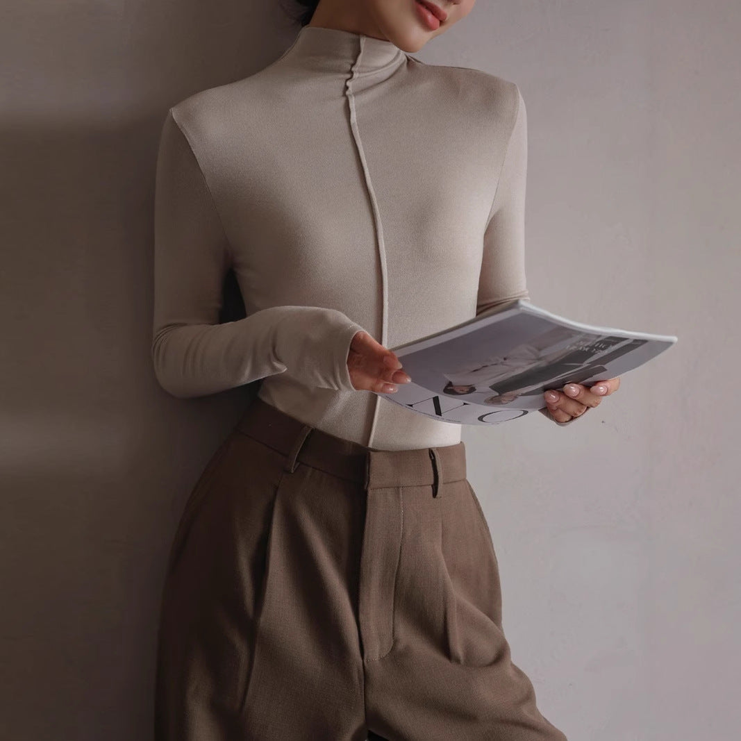 Women’s modal half-turtleneck top with front zip, long sleeves, light taupe