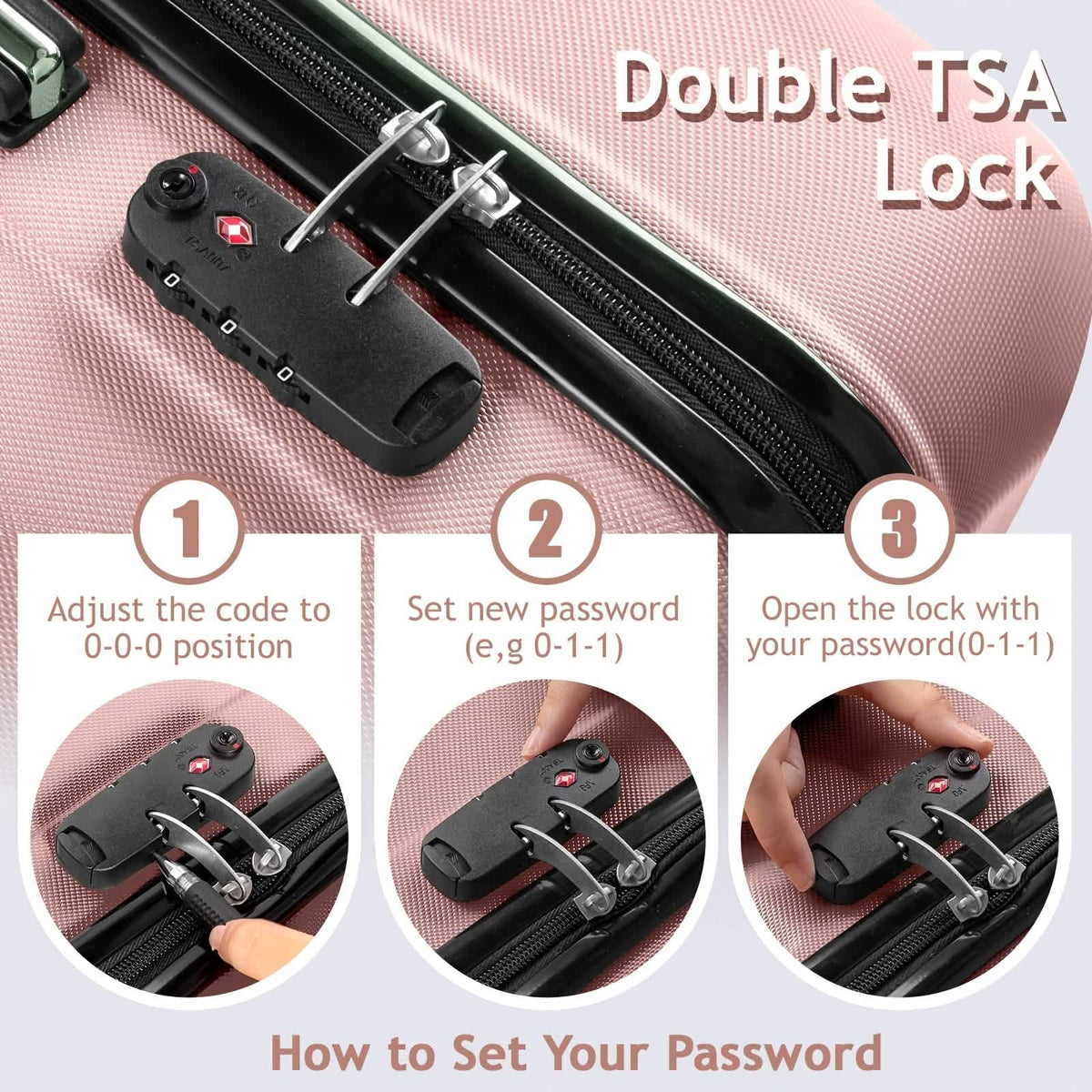 TSA double lock on rose hard shell suitcase zipper with side-mounted locking mechanism