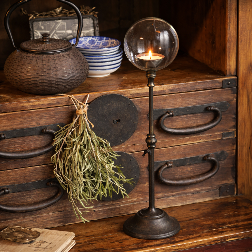 Dark iron candle holder with magnifying glass on tall stand, flame in round bowl