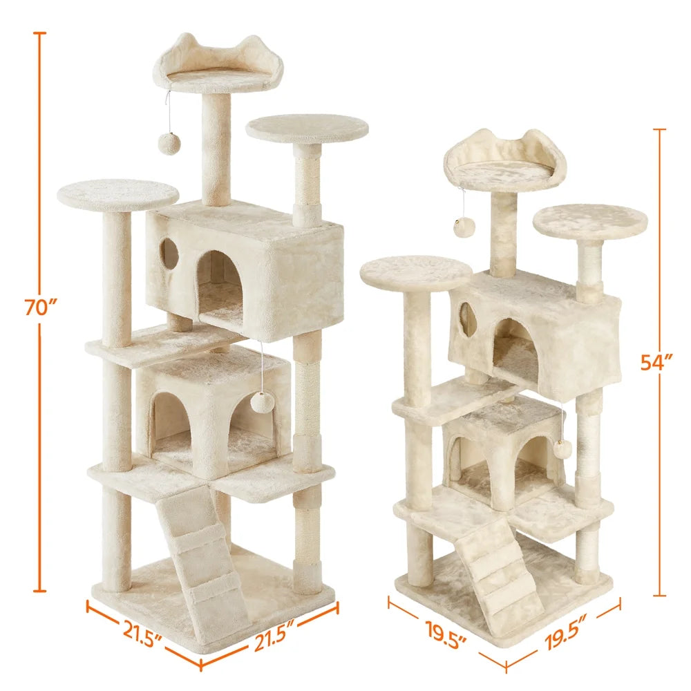 Beige cat tree shown in 70-inch and 54-inch heights with condos, perches and ramps