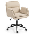 Beige fabric swivel office chair with cushioned back, curved armrests, and rolling base
