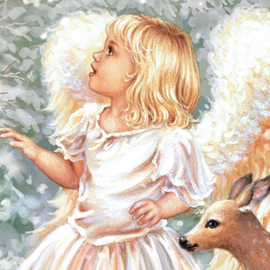 Close-up of angel girl with golden hair holding birds, with deer in snowy art