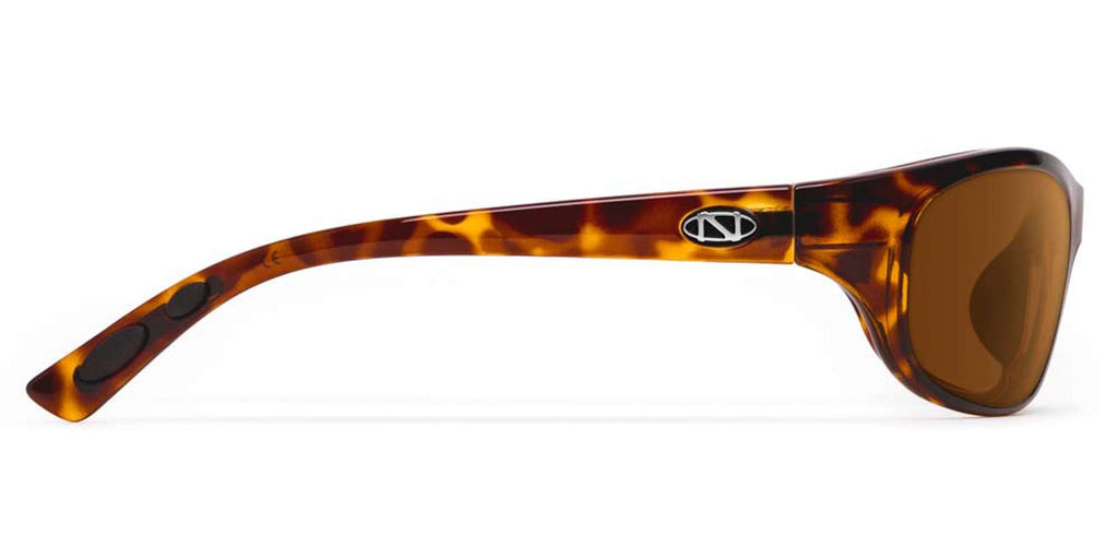 Tortoise sunglasses with brown lenses, side profile view