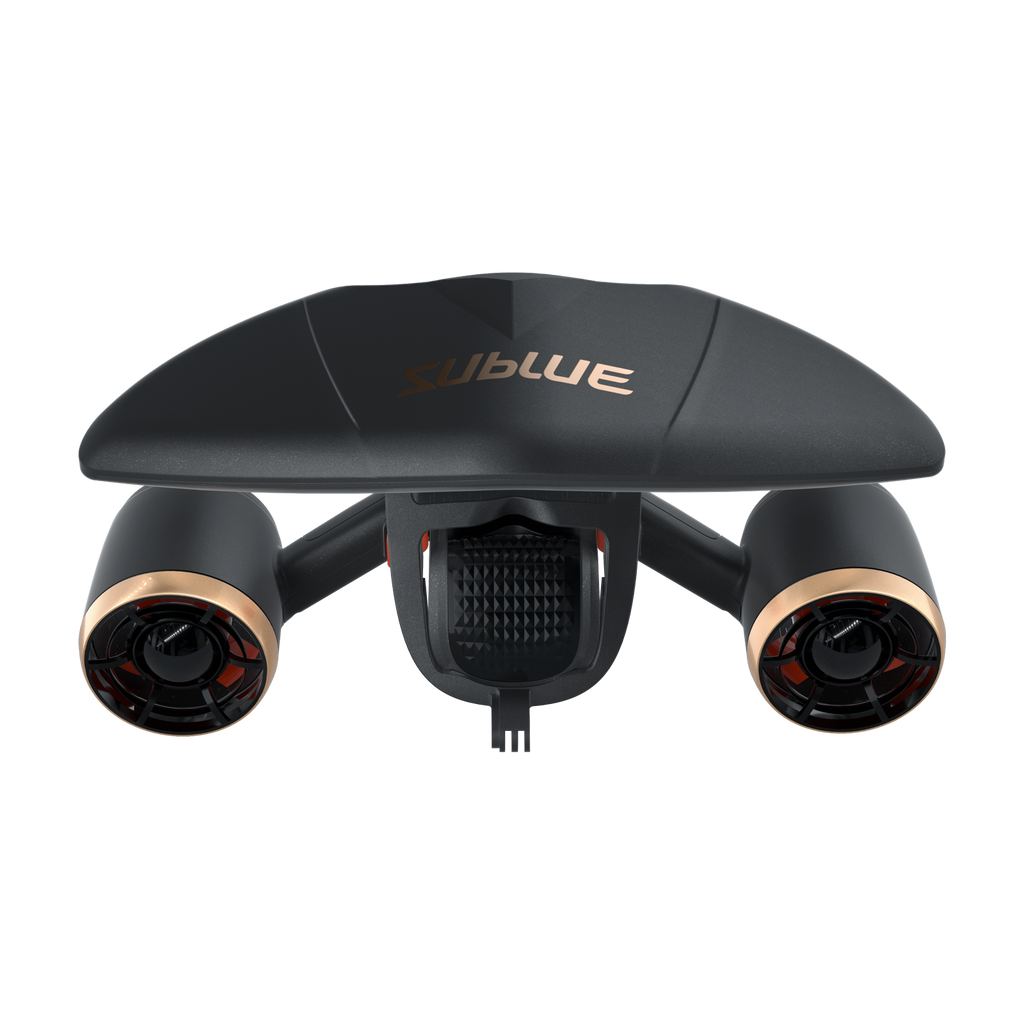 Black quadcopter drone top view with central textured grille and side lens pods