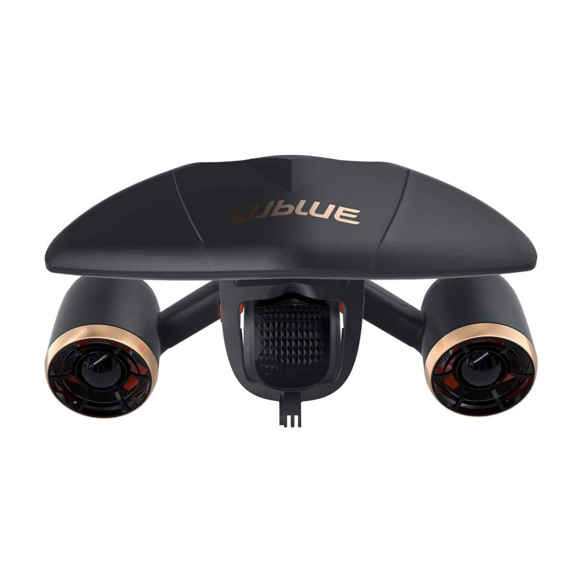 Black quadcopter drone top view with central textured grille and side lens pods