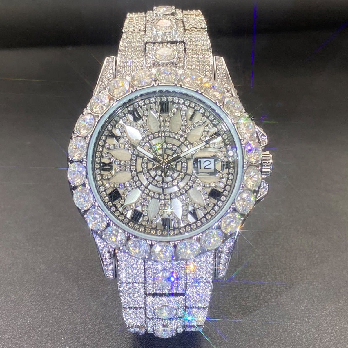 Silver rhinestone hip-hop watch with black dial, roman numerals, and round case