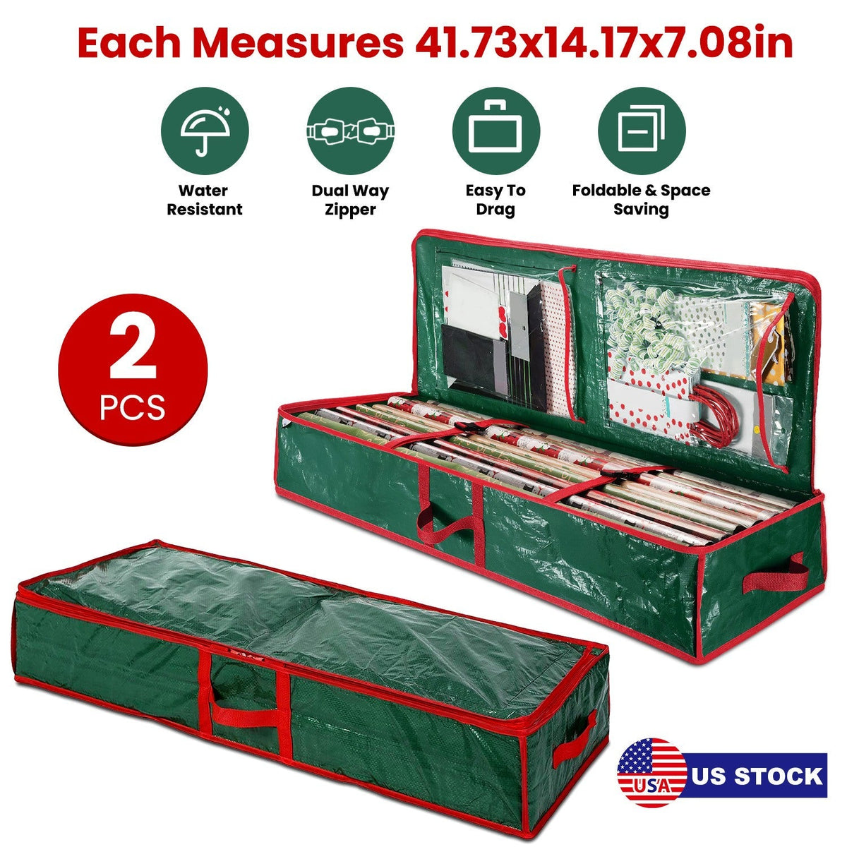 Green gift wrap storage container set with red handles and zippered pocketed front panels
