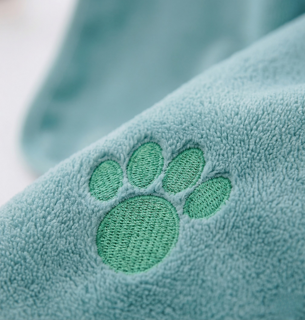 Quick-dry towel fabric detail, light blue with green paw-print stitched emblem