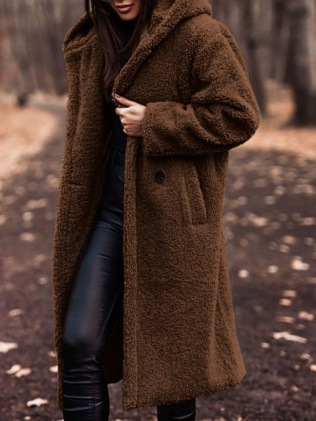 Brown teddy bear hooded longline coat with button-front and plush texture