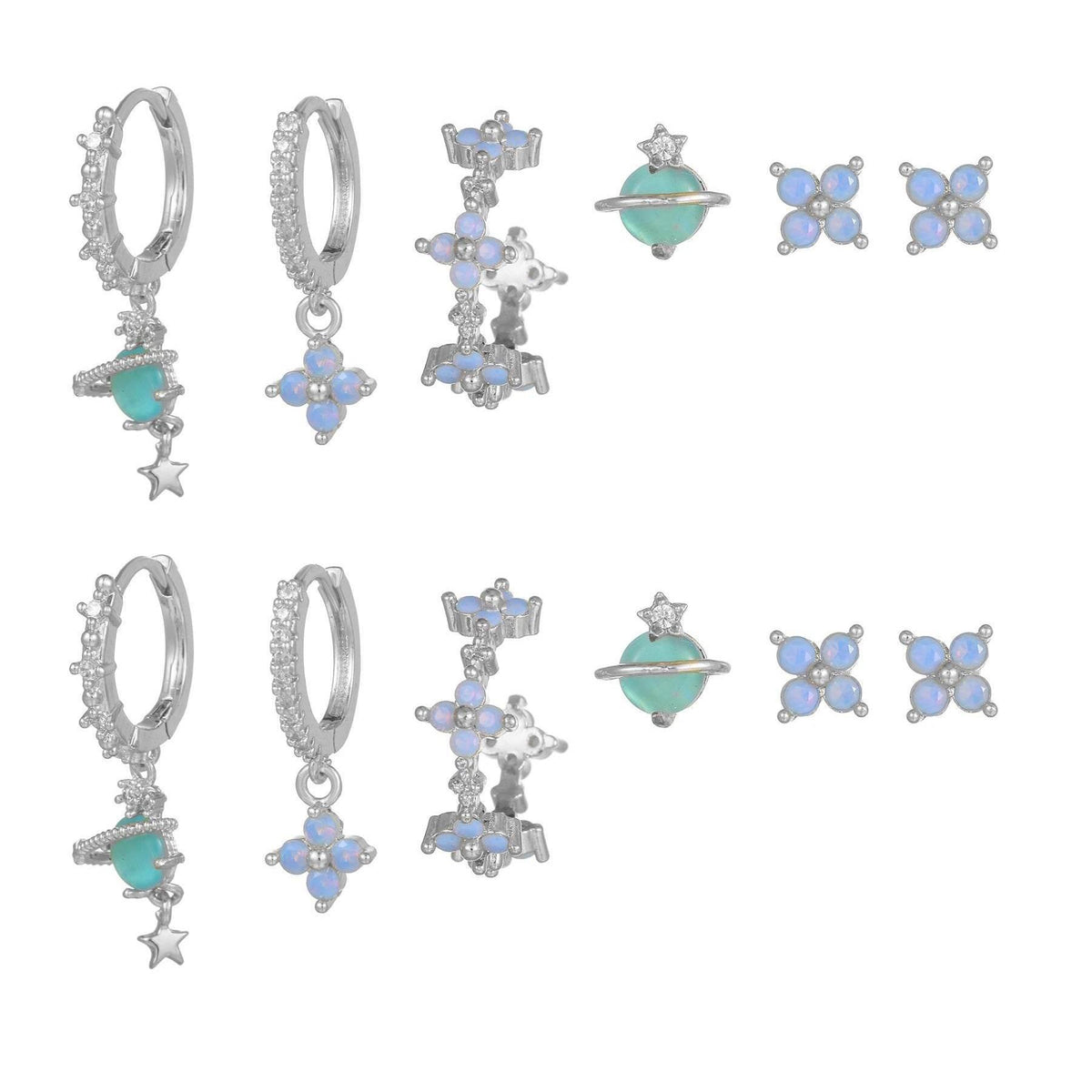 6-piece silver-tone stacking earring set with blue flower studs, drops, star charms, zircon