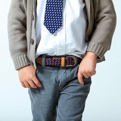 Braided kids belt close-up, multicolor red-blue weave with tan leather keeper and metal buckle