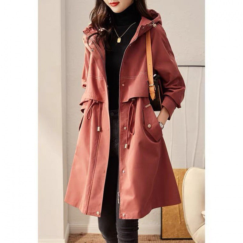 Women's hooded windbreaker coat in reddish-brown, front buttons, drawstring waist, side pockets