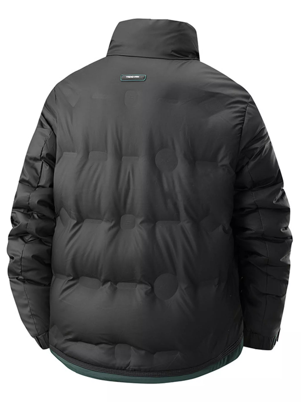 Men's padded lightweight coat in dark gray, back view, teal-trim hem