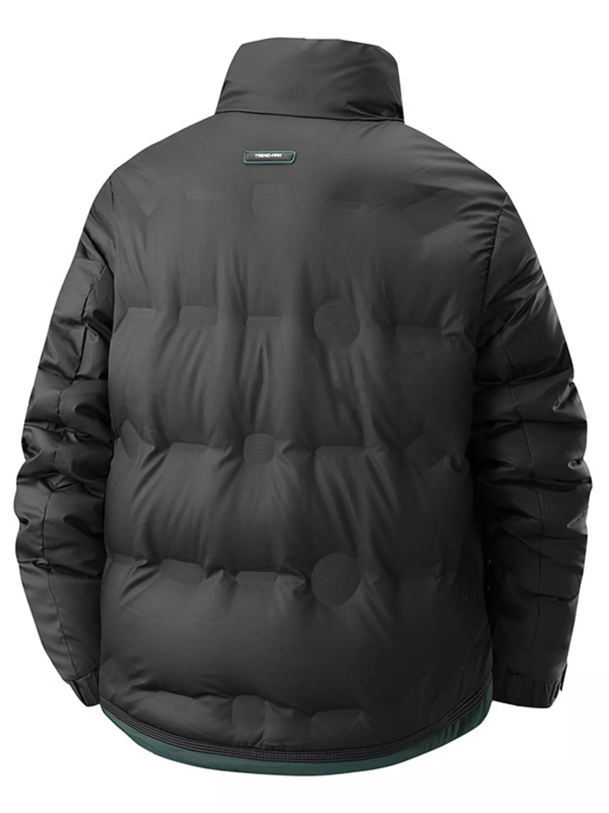 Men's padded lightweight coat in dark gray, back view, teal-trim hem