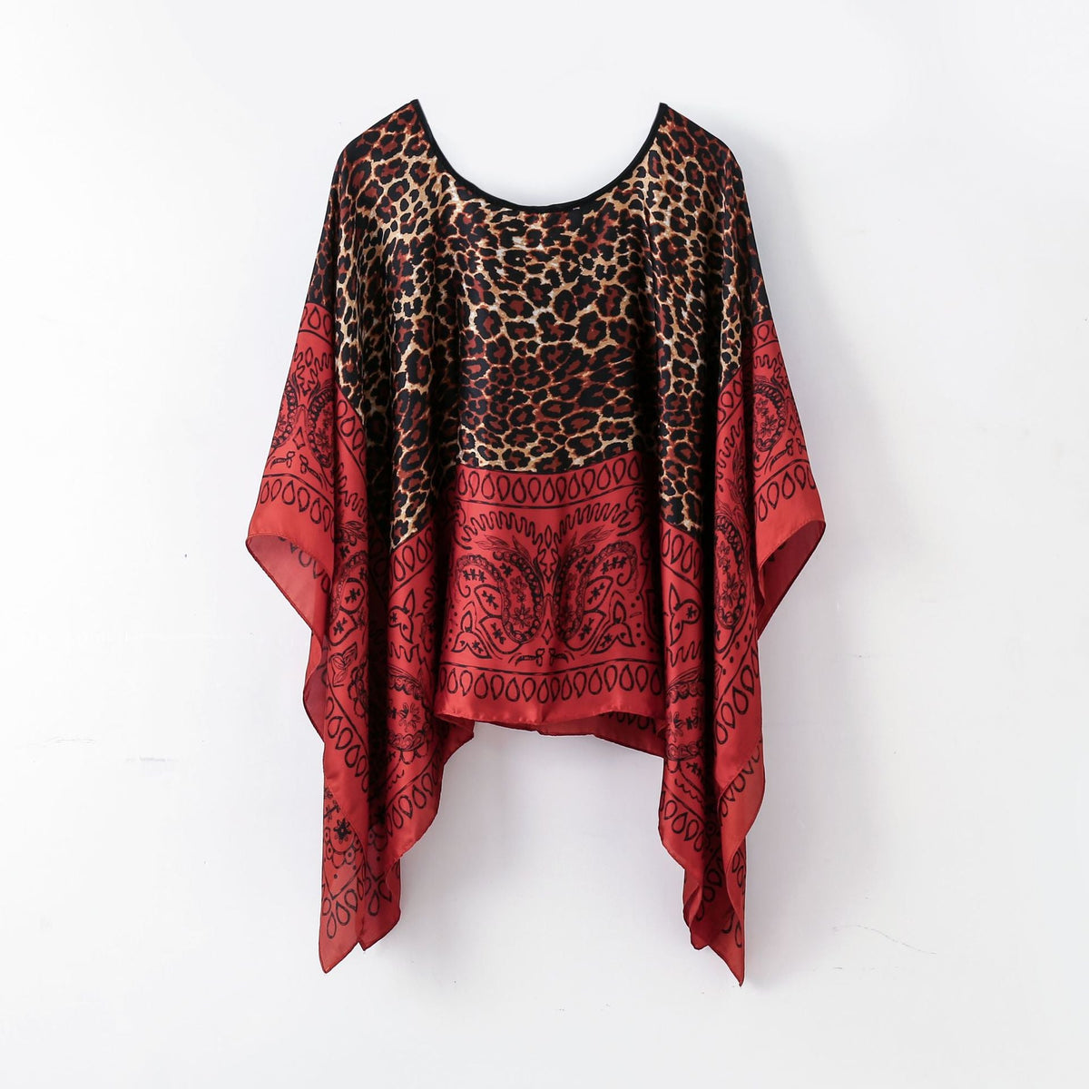 Women's leopard and paisley pullover shawl with batwing sleeves, black and red