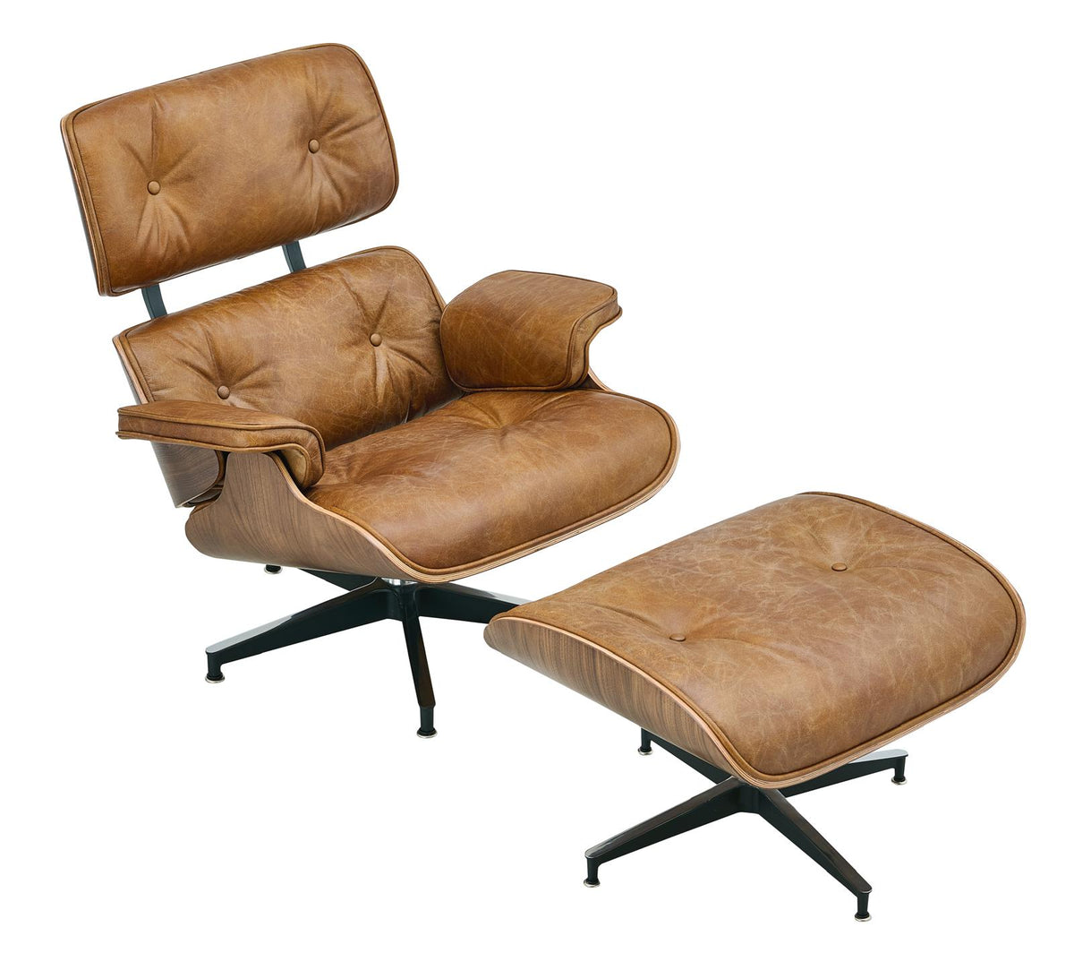 Tan leather lounge chair with ottoman, tufted back panel and padded seat on swivel bases