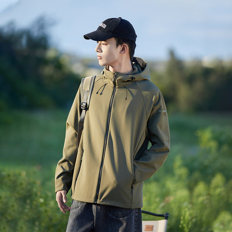 Olive waterproof soft shell jacket with hood, full-zip front, and drawstring trim