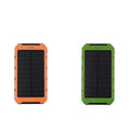 Solar power banks in orange and green, shown from back with hanging loops.