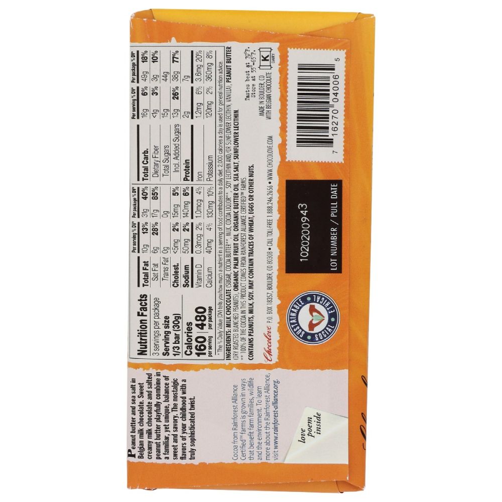 Milk chocolate bar with salted peanut butter filling, back label and barcode