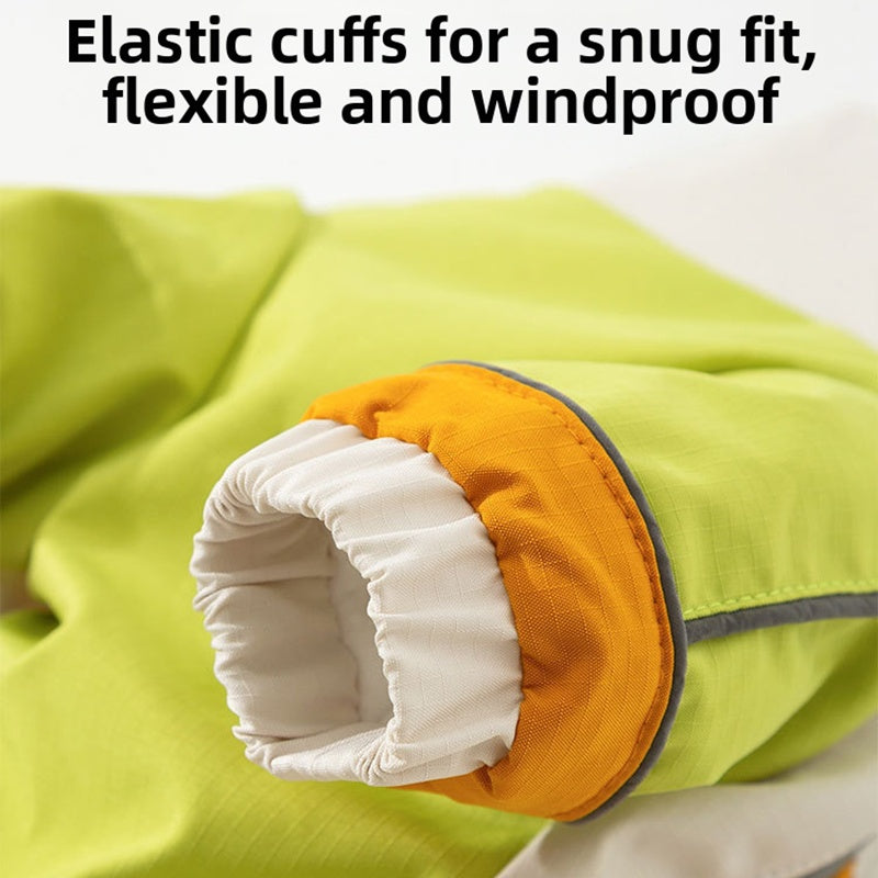 Waterproof dog jumpsuit cuff detail with elastic sleeve openings