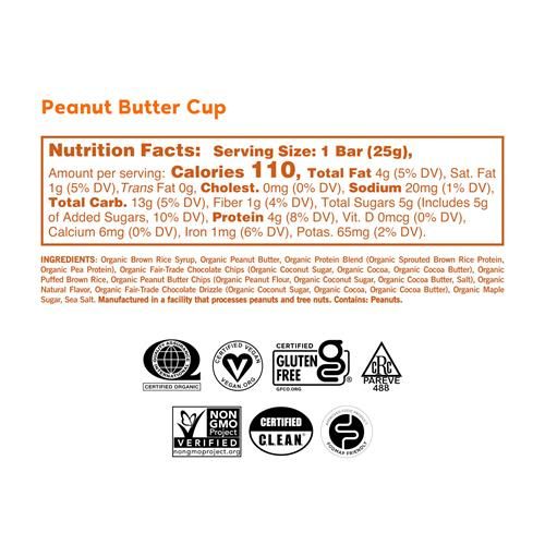 Peanut butter cup nutrition facts label for organic gluten-free kids snack bar